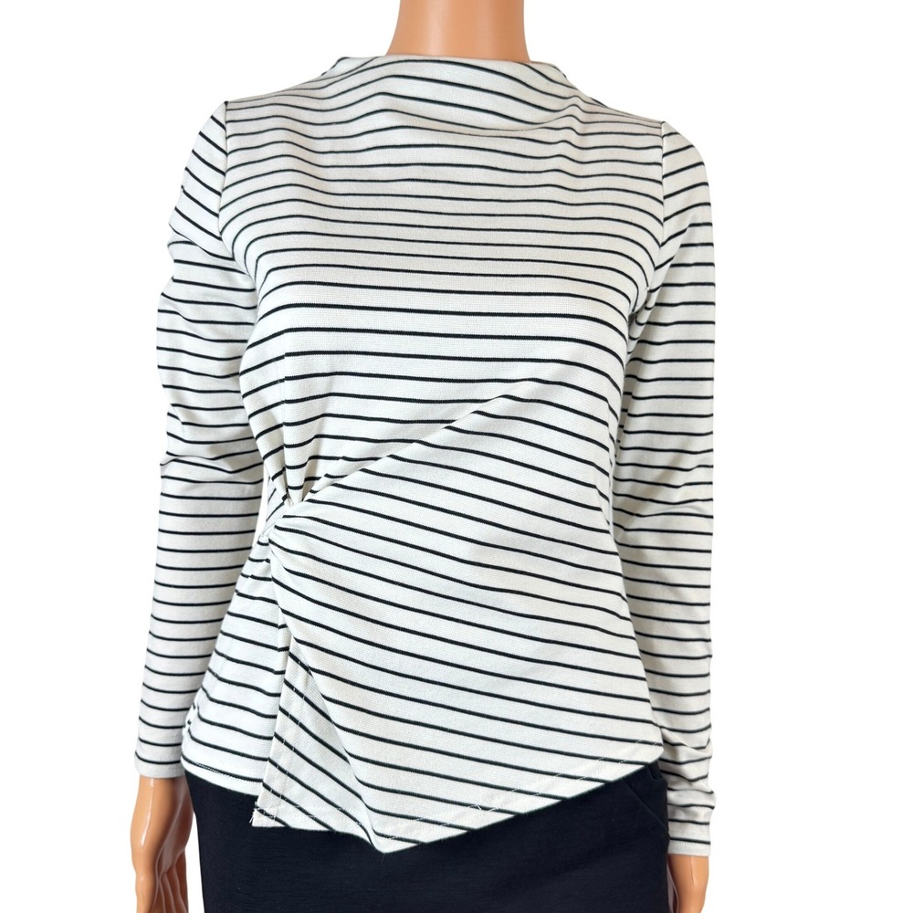 Modern Works XS Black White Striped Twist Front Mock Neck LongSleeve Top ZipBack